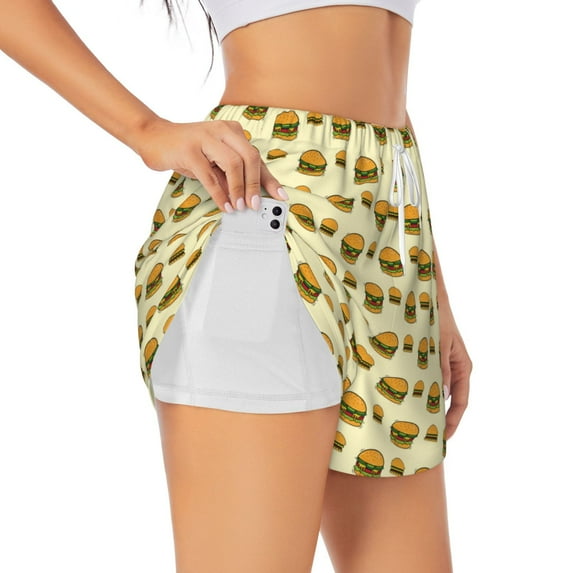 Hirioo Burgers And Hot Dogs for Women's Double Layer Athletic Shorts High-Performance Gym Shorts with Inner Pocket, Elastic Waistband-Large