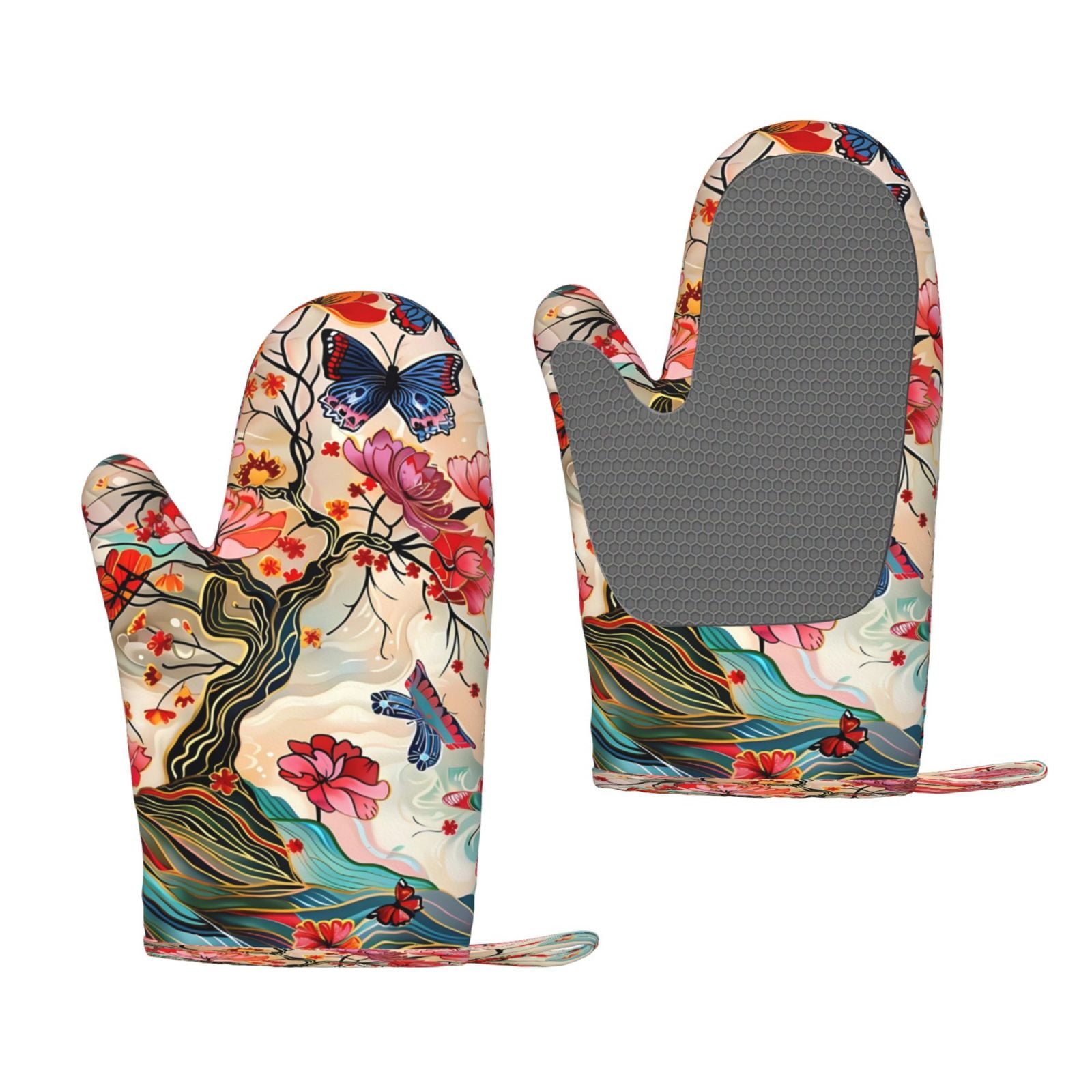 Hirioo Butterflies And Flowers Painting for Silicone Oven Mitts for BBQ, Baking, Cooking, Set of 2, Heat Resistant 260℃, Non-Slip Kitchen Essentials