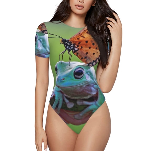 Hirioo Butterfly Landing On Head Dumpy Frog for Women's Round Neck Short-sleeved Onesie Basic Bodysuits-Medium