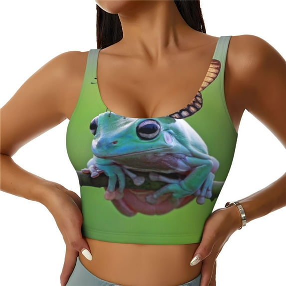 Hirioo Butterfly Landing On Head Dumpy Frog for Women's Sports Vest with Full-Print Design, Stretchy Fabric and Removable Pads-Medium