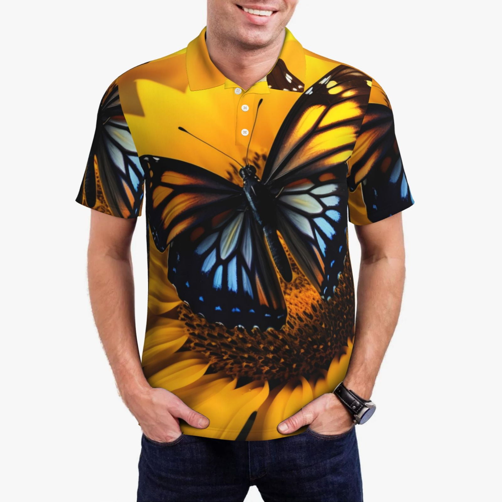 Neon Purple Tropical Palm Tree Butterfly Print Men's Golf Shirts