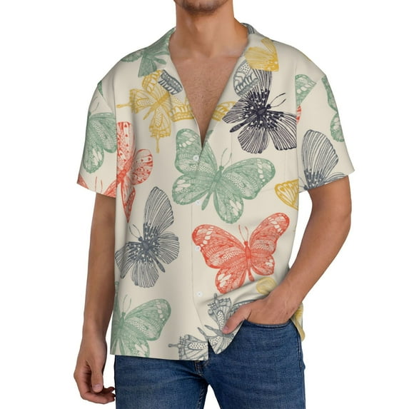 Hirioo Butterfly for Men's Cuban Collar Short Sleeve Shirt Button Down Shirt Beach Summer Shirts Wedding Vacation Shirts-X-Large