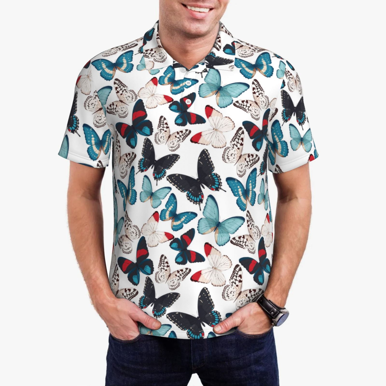 Watercolor Butterfly Print Men's Golf Shirts