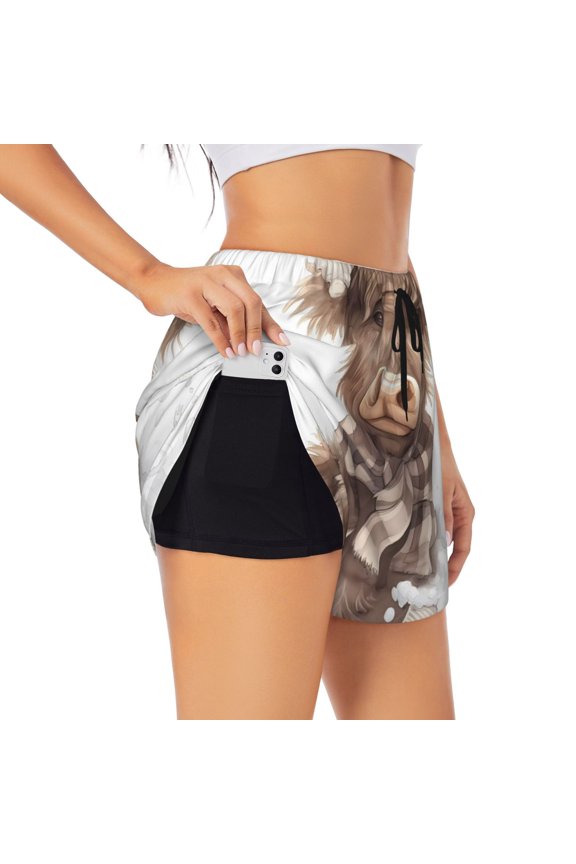 C for Women's Double Layer Athletic Shorts High-Performance Gym Shorts with Inner Pocket, Elastic Waistband-Medium