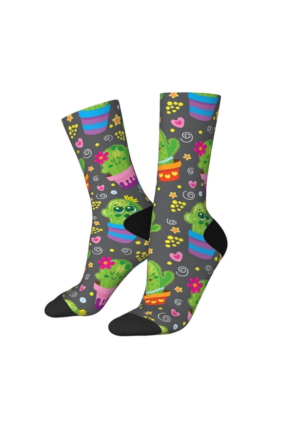 Cactus In Pots Pattern Adult Middle Tube Socks Breathable Sock Non-Pilling,Contrasting Color Design