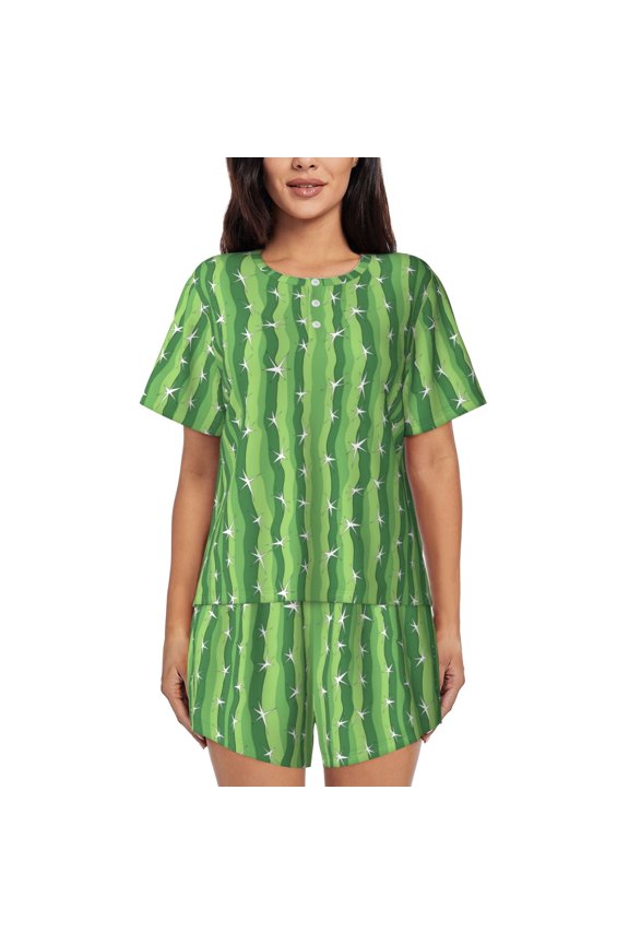 Cactus for Women's 2 Piece Short-Sleeved Pajama PJ Sets for Women Shorts with Pockets Womens Lounge Set-Medium
