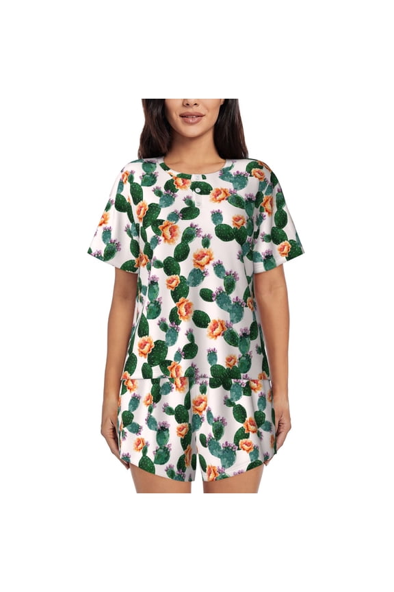 Cactuses for Women's 2 Piece Short-Sleeved Pajama PJ Sets for Women Shorts with Pockets Womens Lounge Set-Medium