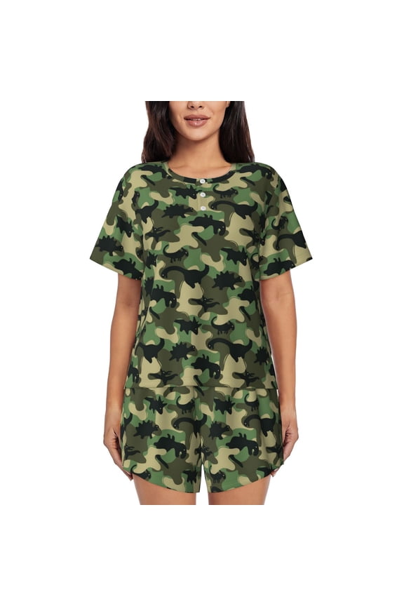 Camouflage Dinosaur for Women's 2 Piece Short-Sleeved Pajama PJ Sets for Women Shorts with Pockets Womens Lounge Set-Large