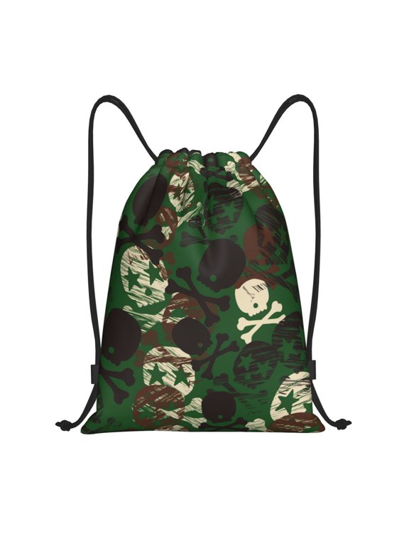 Camouflage Skull Print Drawstring Backpack Bag Sport Versatile Sports Backpack for Gym, Travel, Swimming, Beach