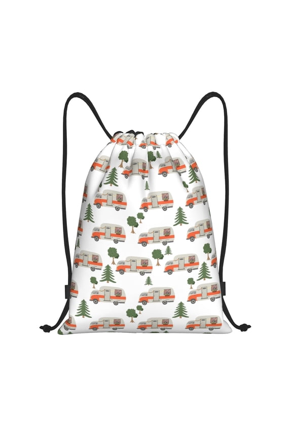 Camp Van Print Drawstring Backpack Bag Sport Versatile Sports Backpack for Gym, Travel, Swimming, Beach