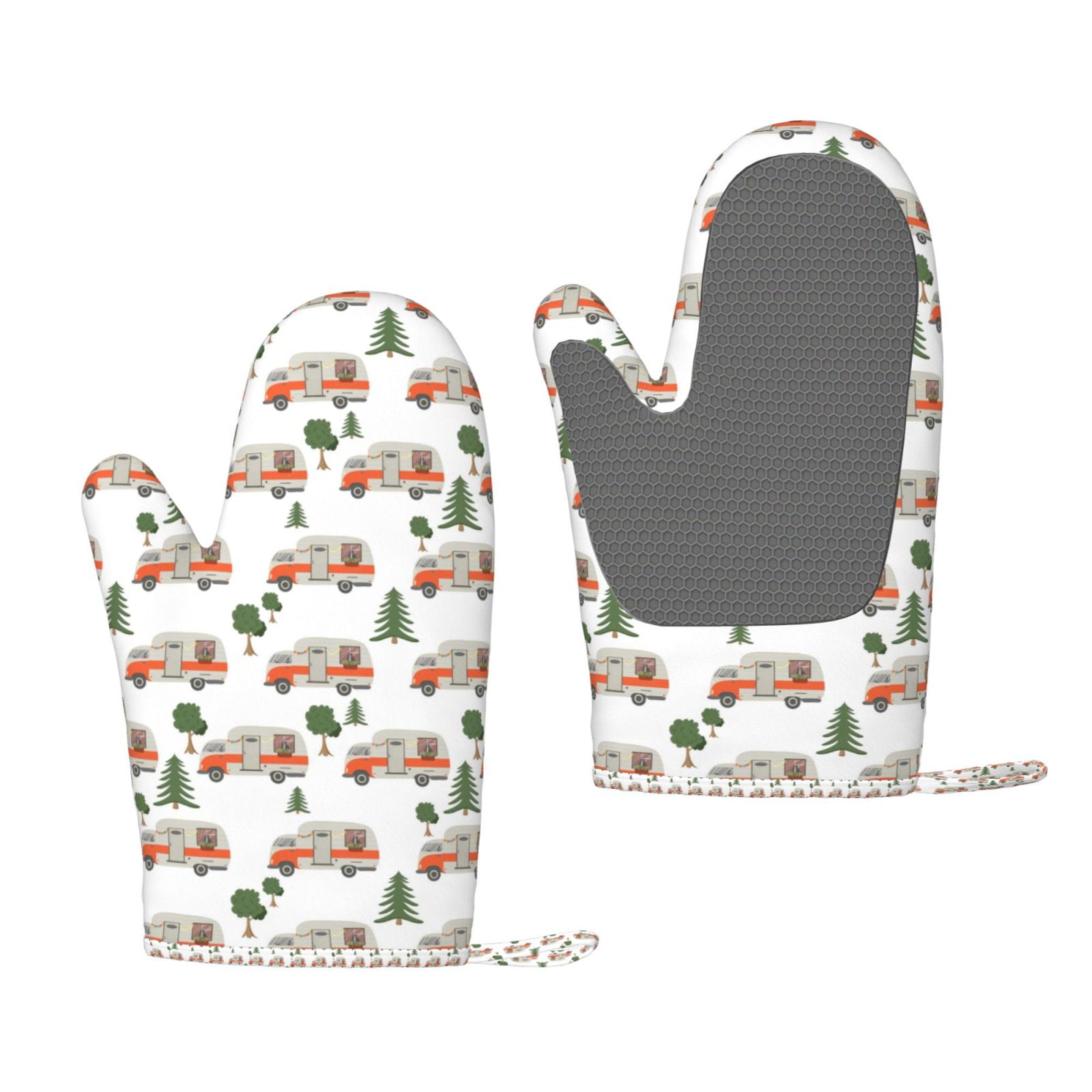 Hirioo Camp Van for Silicone Oven Mitts for BBQ, Baking, Cooking, Set of 2, Heat Resistant 260℃, Non-Slip Kitchen Essentials