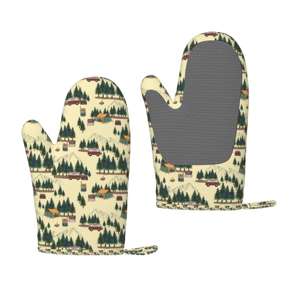 Hirioo Camping Caravan 1 for Silicone Oven Mitts for BBQ, Baking, Cooking, Set of 2, Heat Resistant 260℃, Non-Slip Kitchen Essentials