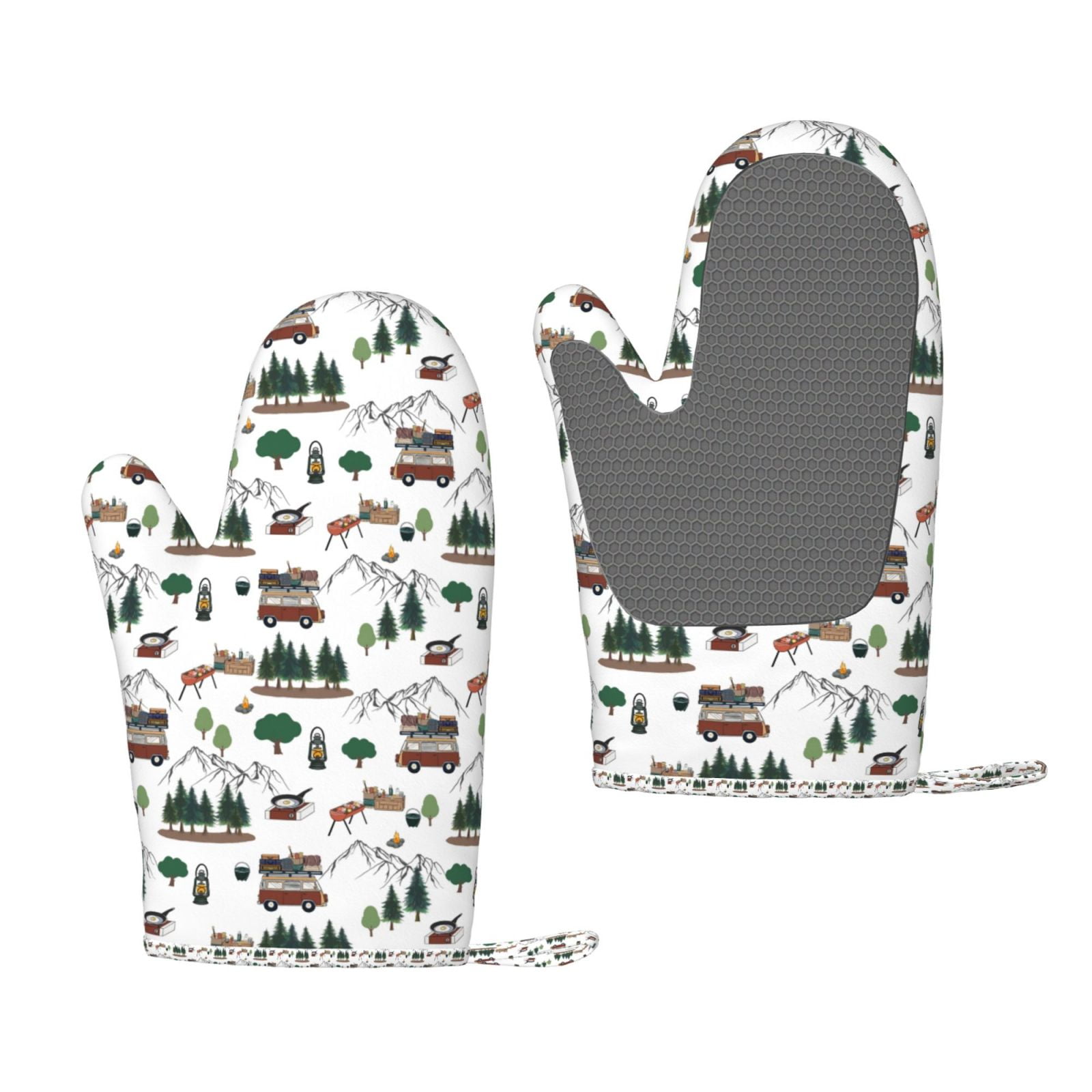 Hirioo Camping Caravan 2 for Silicone Oven Mitts for BBQ, Baking, Cooking, Set of 2, Heat Resistant 260℃, Non-Slip Kitchen Essentials