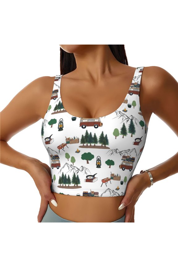 Camping Caravan 2 for Women's Sports Vest with Full-Print Design, Stretchy Fabric and Removable Pads-Medium