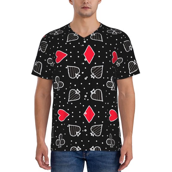 Hirioo Card Suits for Men's Baseball T-shirt Shirts Short Sleeve Casual Summer Button Stretch T Shirts,Size S-4XL-3X-Large