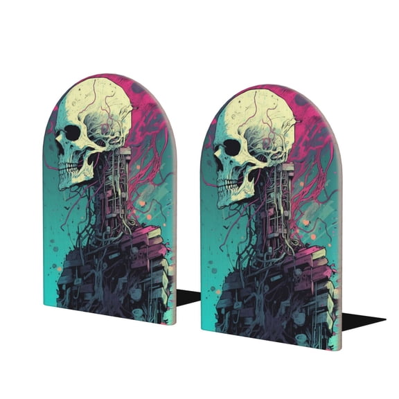 Hirioo Cartoon Art Skull for Bookends Decorative Bookends for Shelves for Home or Office, Non-Slip Base