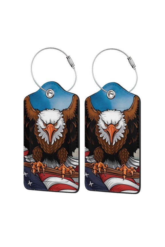 Cartoon Bald Eagle USA Print Leather Luggage Tag with Stainless Steel Loop ,Privacy Flap and Address Card for Travel Bag Suitcase-1