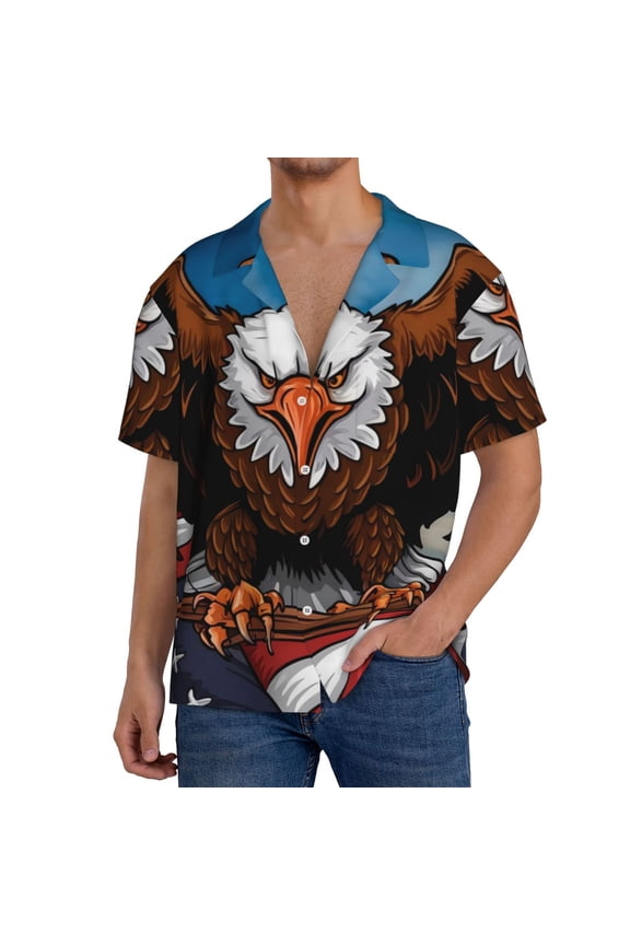 Cartoon Bald Eagle USA for Men's Cuban Collar Short Sleeve Shirt Button Down Shirt Beach Summer Shirts Wedding Vacation Shirts-X-Large
