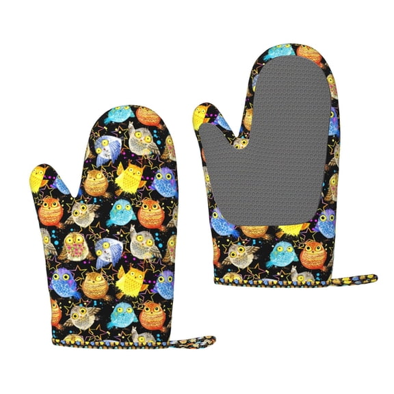 Hirioo Cartoon Bird Owl for Silicone Oven Mitts for BBQ, Baking, Cooking, Set of 2, Heat Resistant 260, Non-Slip Kitchen Essentials
