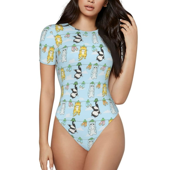 Hirioo Cartoon Cat for Women's Round Neck Short-sleeved Onesie Basic Bodysuits-Large