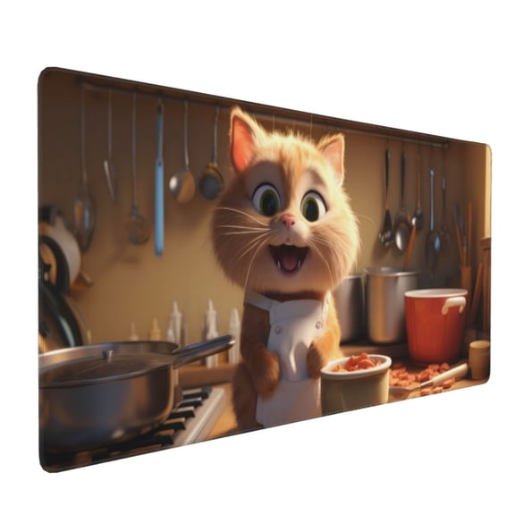 Hirioo Cartoon Cooking Cat for Mouse Pad ,Anti-Slip Base, Durable Stitched Edges, Perfect for Gaming, Office, and Home Use,16x35.5in