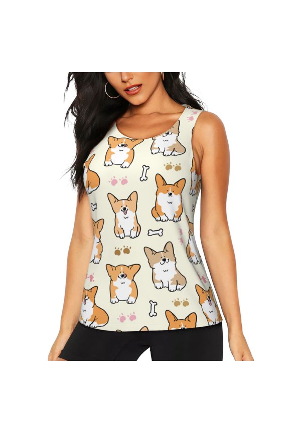 Cartoon Corgi for Women's Workout Tank Top Sleeveless Workout Tops Athletic Gym Shirts-X-Large