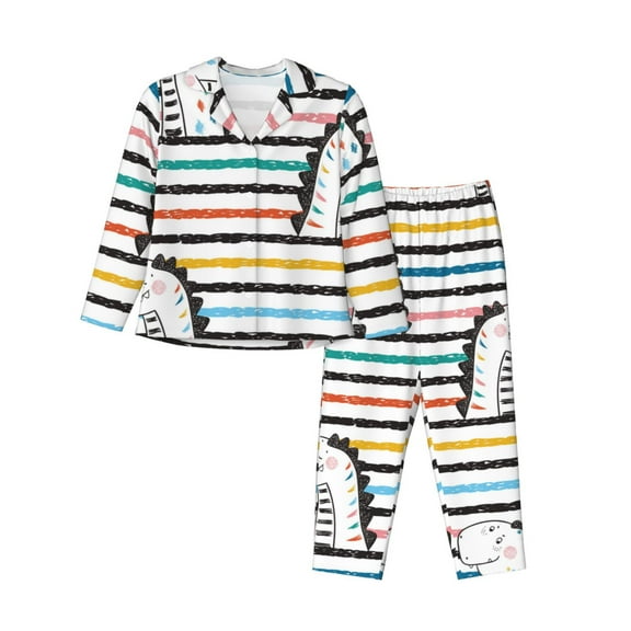 Hirioo Cartoon Dinosaurs for Women's Pajama Sets 2 Piece Pjs Women's Long-Sleeved Pajama Set Button Down Sleepwear,S-XXL-X-Large