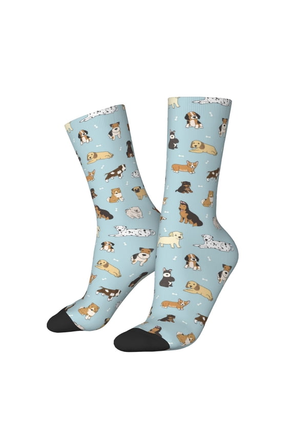 Cartoon Doodle Puppy Pattern Adult Middle Tube Socks Breathable Sock Non-Pilling,Contrasting Color Design