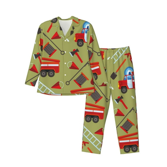 Hirioo Cartoon Fire Truck for Men's Pajama Sets 2 Piece Pjs Men's Long-Sleeved Pajama Set Button Down Sleepwear,S-XXL-XX-Large