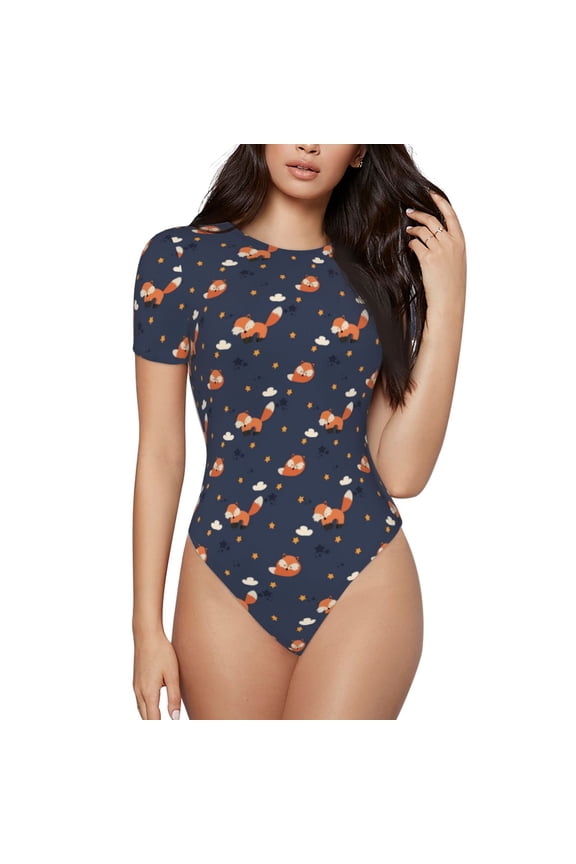 Cartoon Fox for Women's Round Neck Short-sleeved Onesie Basic Bodysuits-Medium