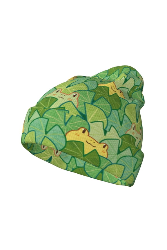 Cartoon Frog And Lotus Leaf for Men's Knit Cuffed Beanie for Outdoor Activities Unisex