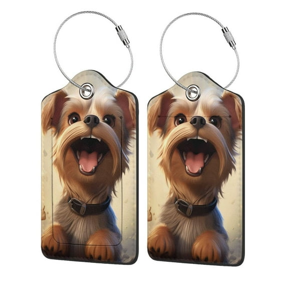 Hirioo Cartoon Happy Cute Puppy Print Leather Luggage Tag with Stainless Steel Loop ,Privacy Flap and Address Card for Travel Bag Suitcase-2 PCS