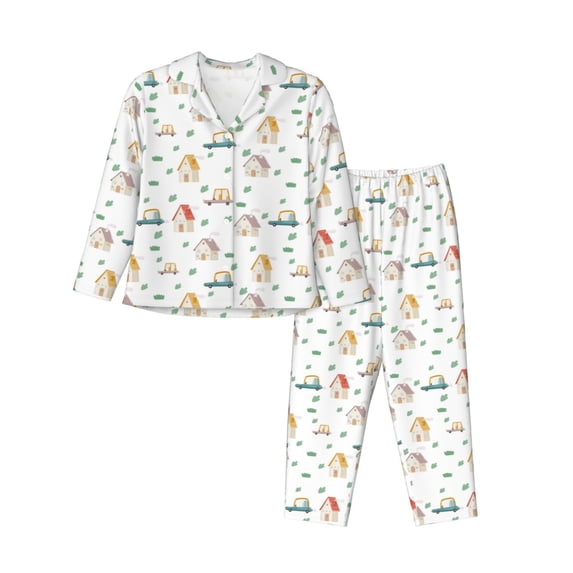 Hirioo Cartoon House for Women's Pajama Sets 2 Piece Pjs Women's Long-Sleeved Pajama Set Button Down Sleepwear,S-XXL-Large