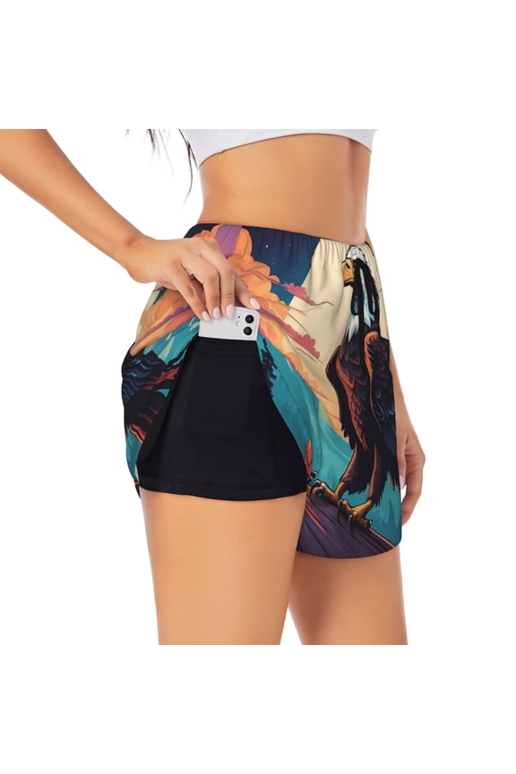 Cartoon Iceberg Bald Eagle for Women's Double Layer Athletic Shorts High-Performance Gym Shorts with Inner Pocket, Elastic Waistband-Medium