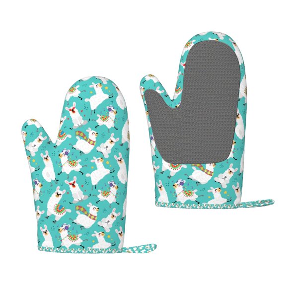 Hirioo Cartoon Llamas for Silicone Oven Mitts for BBQ, Baking, Cooking, Set of 2, Heat Resistant 260, Non-Slip Kitchen Essentials