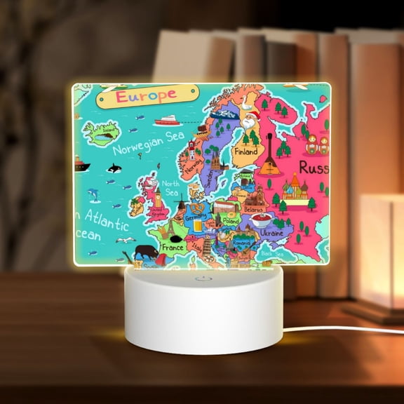 Hirioo Cartoon Map Of Europe for Rectangular Acrylic with Night Light Best Gifts for Lover Girl Mom, Valentine's Day Anniversary Birthday Wedding Present