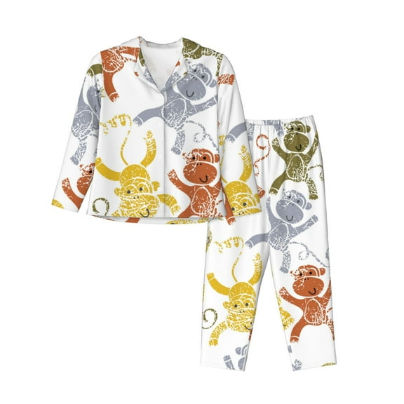 Hirioo Cartoon Monkey for Women's Pajama Sets 2 Piece Pjs Women's Long-Sleeved Pajama Set Button Down Sleepwear,S-XXL-Medium