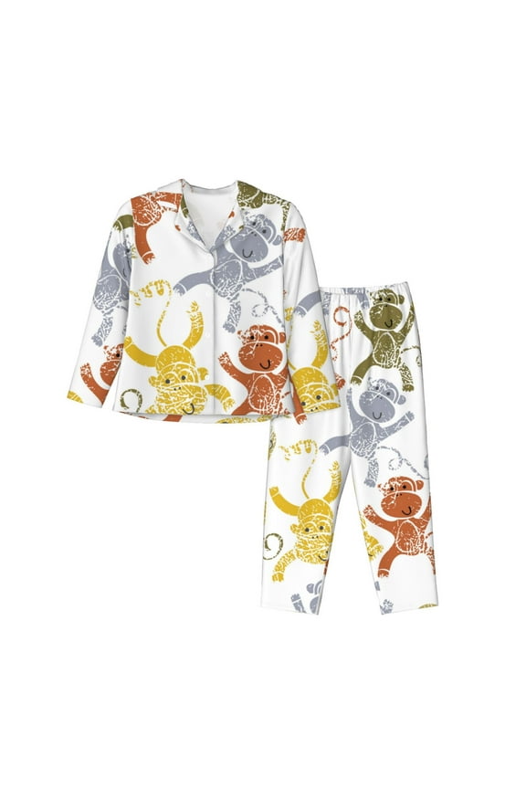 Cartoon Monkey for Women's Pajama Sets 2 Piece Pjs Women's Long-Sleeved Pajama Set Button Down Sleepwear,S-XXL-Medium