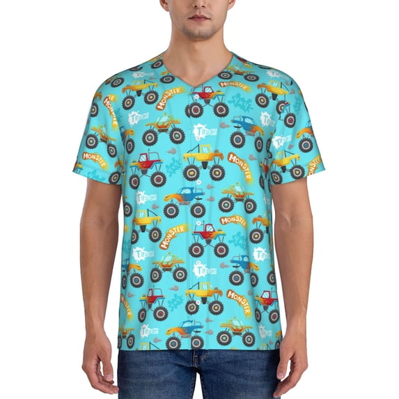 Hirioo Cartoon Monster Truck for Men's Baseball T-shirt Shirts Short Sleeve Casual Summer Button Stretch T Shirts,Size S-4XL-4X-Large