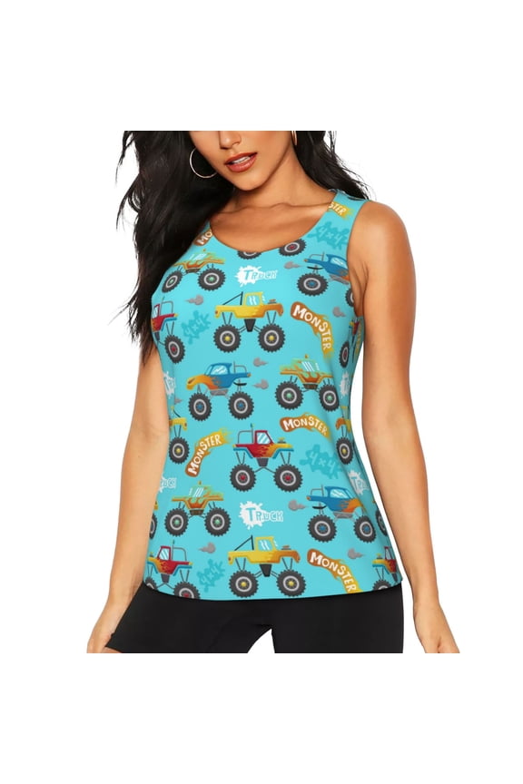 Cartoon Monster Truck for Women's Workout Tank Top Sleeveless Workout Tops Athletic Gym Shirts-Medium