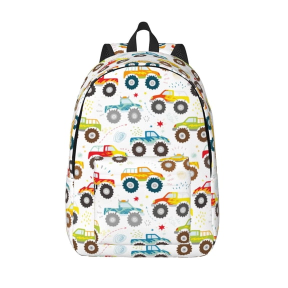Hirioo Cartoon Monster Trucks Canvas Backpack, Durable Travel Backpack with Multiple Compartments,Large Capacity, Backpack for School, Hiking, Work