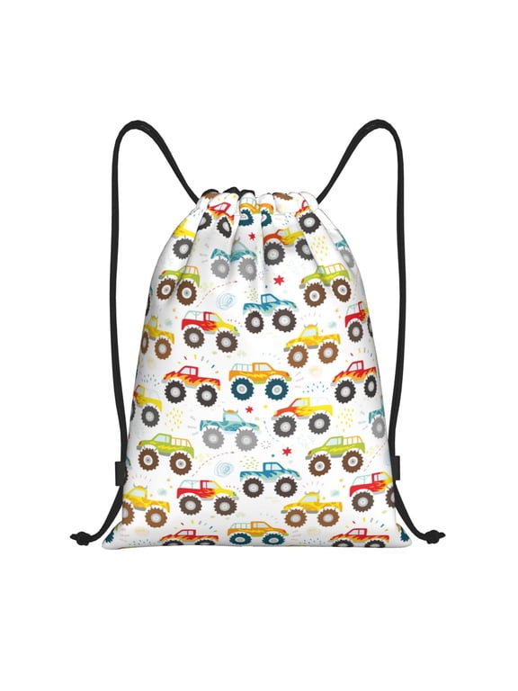 Cartoon Monster Trucks Print Drawstring Backpack Bag Sport Versatile Sports Backpack for Gym, Travel, Swimming, Beach