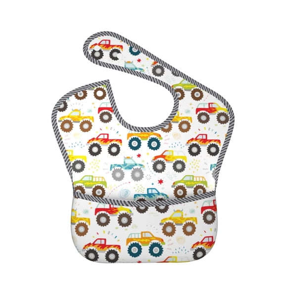 Hirioo Cartoon Monster Trucks for Baby Waterproof Pocket Bib Adjustable Closed for Babies Toddlers with Large Pocket 6-24Months