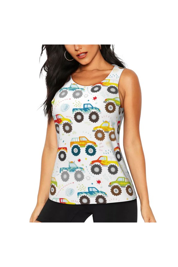 Cartoon Monster Trucks for Women's Workout Tank Top Sleeveless Workout Tops Athletic Gym Shirts-X-Large