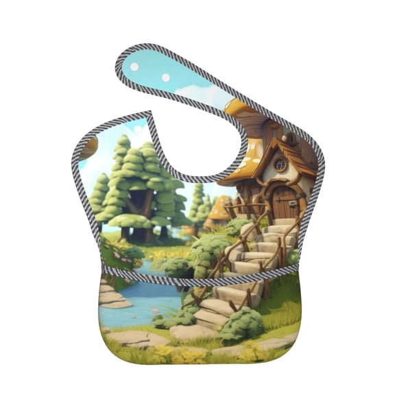 Hirioo Cartoon Mushroom House for Baby Waterproof Pocket Bib Adjustable Closed for Babies Toddlers with Large Pocket 6-24Months