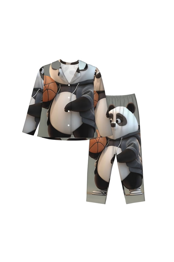 Cartoon Pandas Basketball for Women's Pajama Sets 2 Piece Pjs Women's Long-Sleeved Pajama Set Button Down Sleepwear,S-XXL-Medium