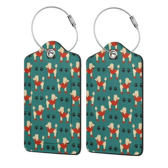 Hirioo Cartoon Poodle Dog Print Leather Luggage Tag with Stainless Steel Loop ,Privacy Flap and Address Card for Travel Bag Suitcase-4 PCS