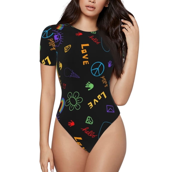 Hirioo Cartoon Pride Lgbt for Women's Round Neck Short-sleeved Onesie Basic Bodysuits-Medium