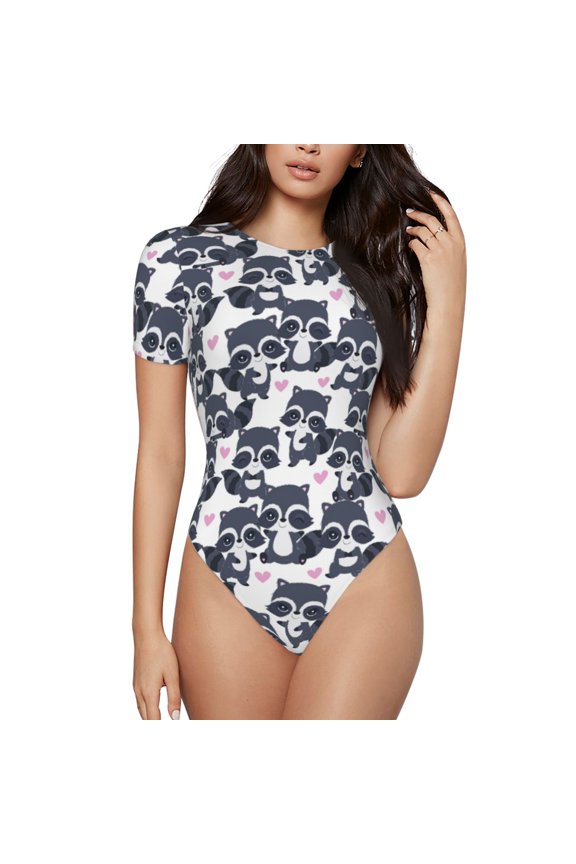 Cartoon Raccoon for Women's Round Neck Short-sleeved Onesie Basic Bodysuits-Small