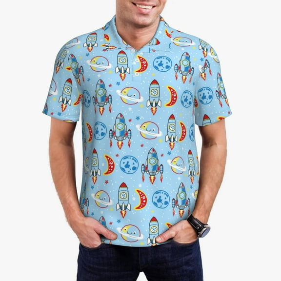 Hirioo Cartoon Rocket With Space for Men’s Polo Shirts Quick Dry Short Sleeve Golf T Shirt Performance Moisture Wicking Casual Workout,Sizes S-4XL-4X-Large